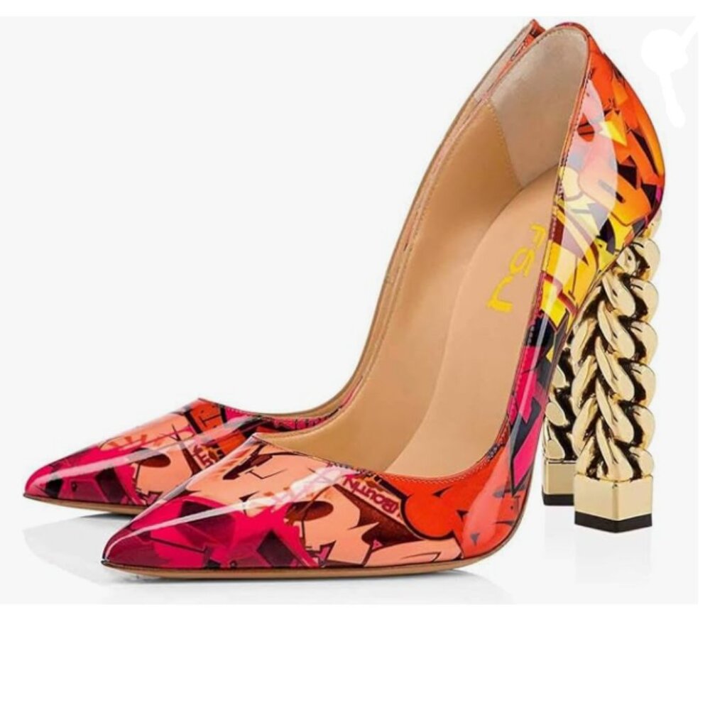 FSJ Red Graffiti Gold Metal Chain Chunky High Heel Pointed Toe Slip On Pumps